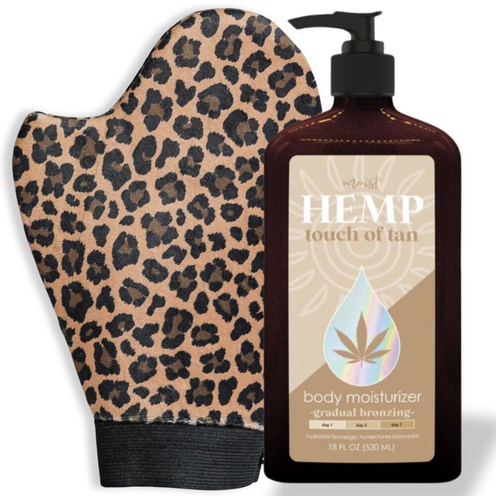 Moist Hemp Bronzing Moisturizer Self Tanner 18oz and Leopard Print Tanning Mitt